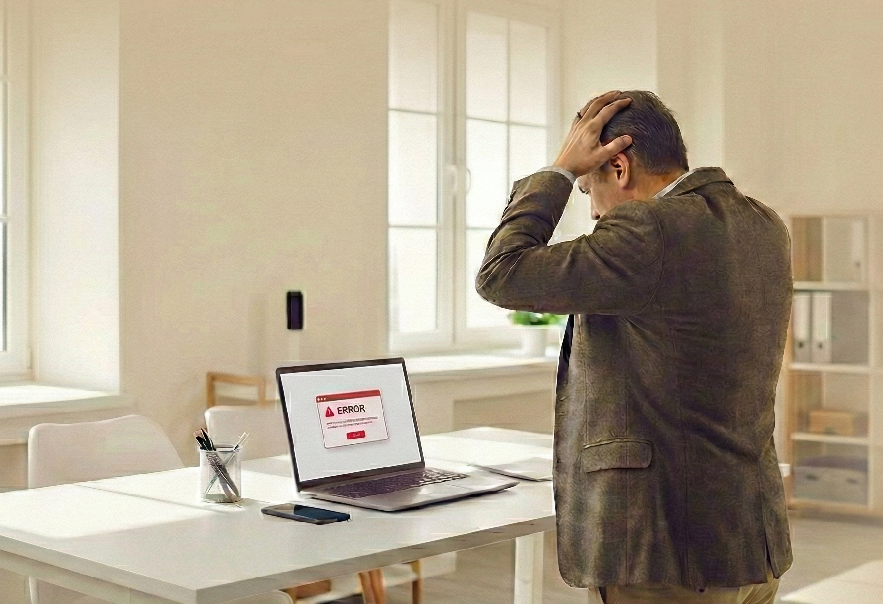 Frustrated business owner dealing with technology problems